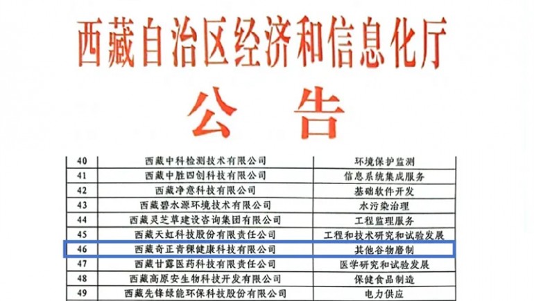 奇正青稞榮膺創(chuàng)新型中小企業(yè)認(rèn)證，引領(lǐng)青稞產(chǎn)業(yè)健康新潮流